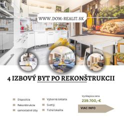 DOM-REALÍT ponúka Zrekonštruovaný 4 izbový byt, Devínska Nová Ves.