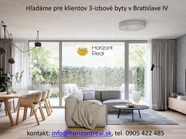 Horizont real hľadá pre klientov 3-izbový byt v Bratislave IV